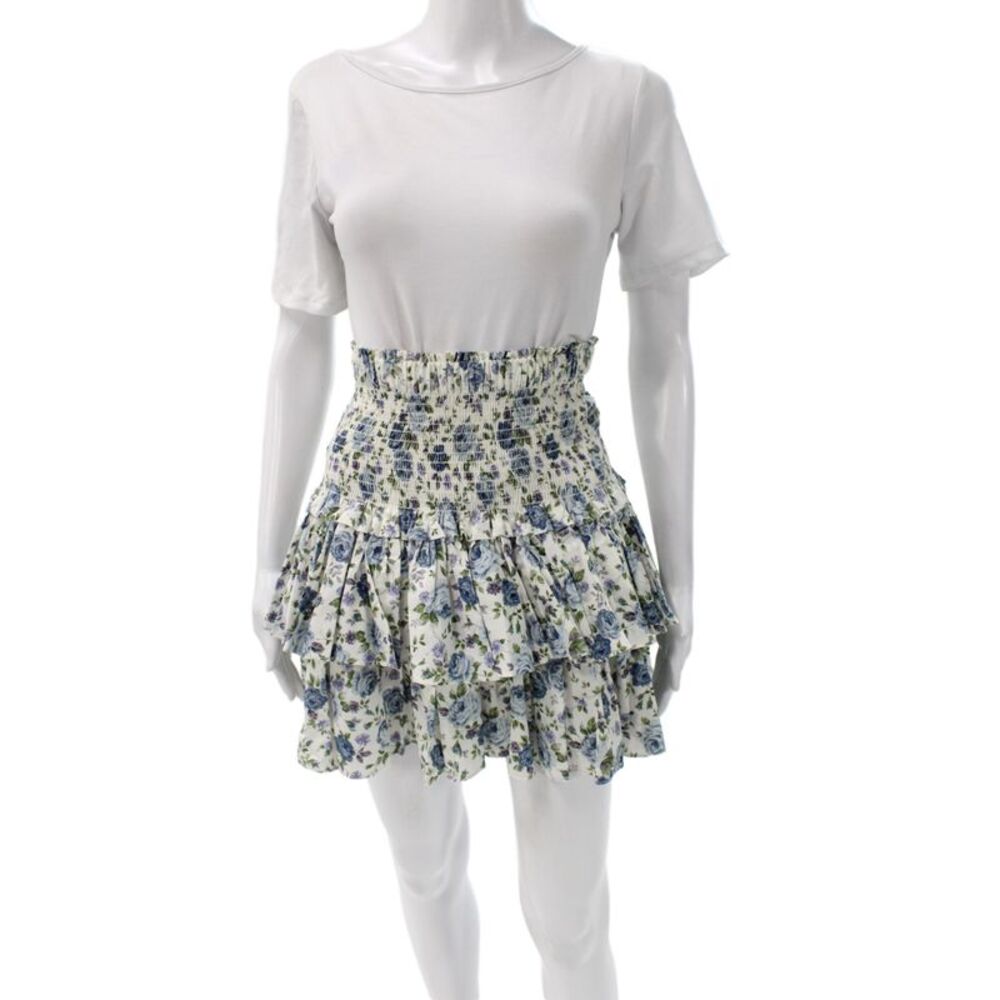 Petersyn Women Blue Floral Cotton Mini Skirt Short Pull On Size S